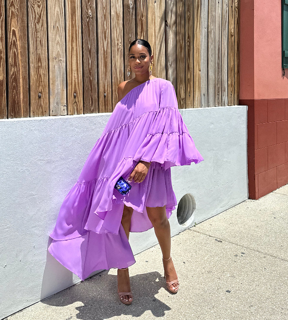 strapless open back dress One Shoulder Joy Lavender – Meow and Barks Boutique