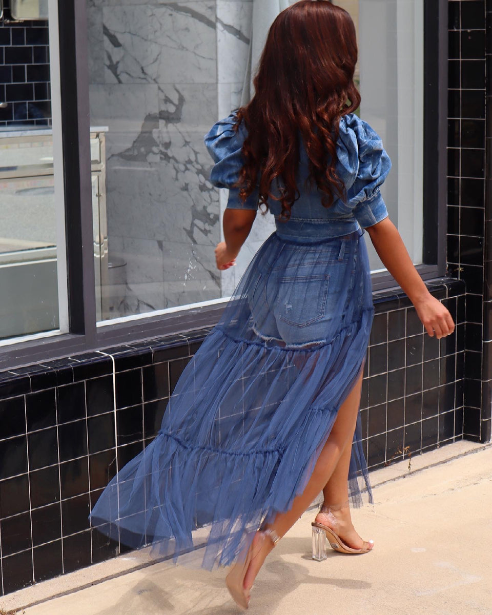 Denim Tulle Top (Light Denim) – Meow and Barks Boutique