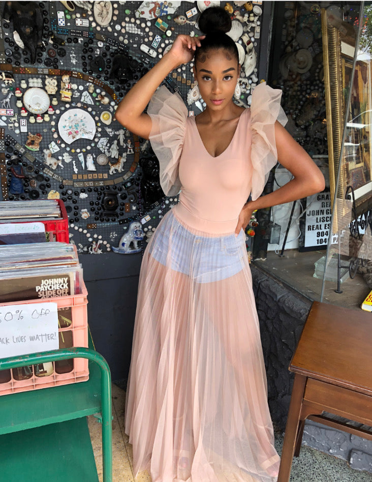 THE SEE-THROUGH PLEATED LONG SKIRT(PINK)