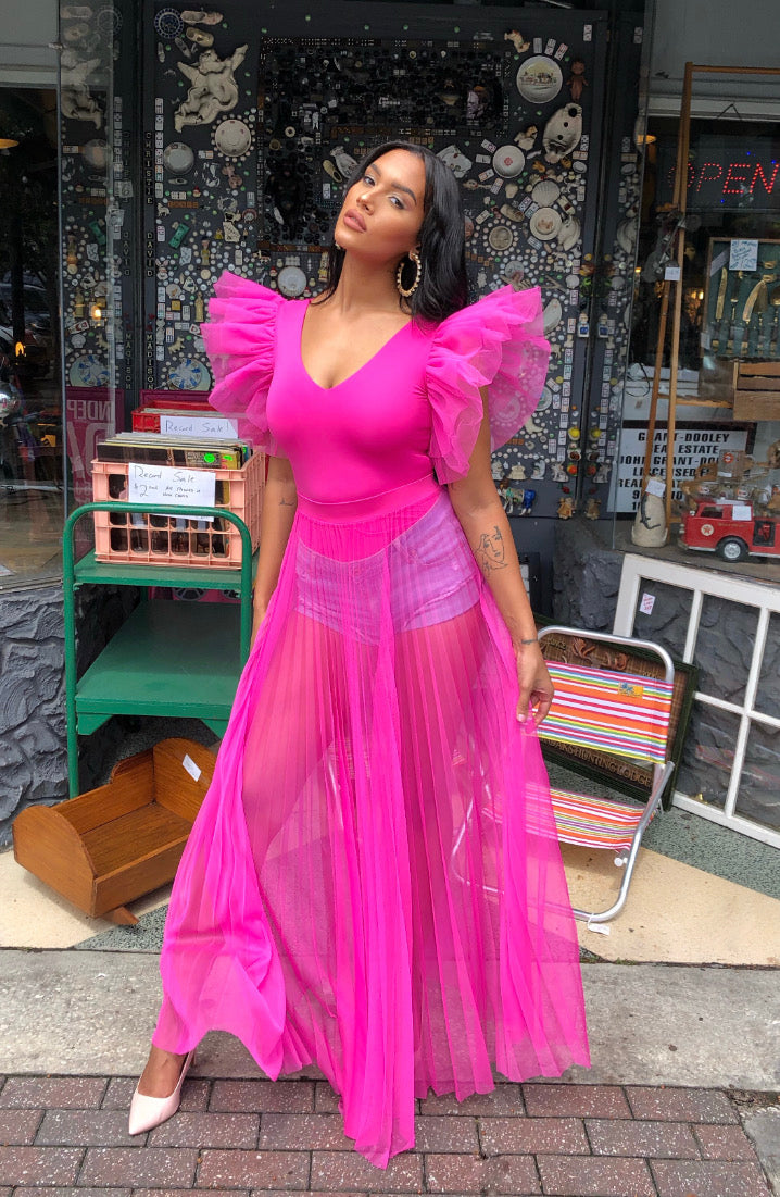 Tulle Sleeve Dreams Top (HOT PINK) Medium 7/8-9/10