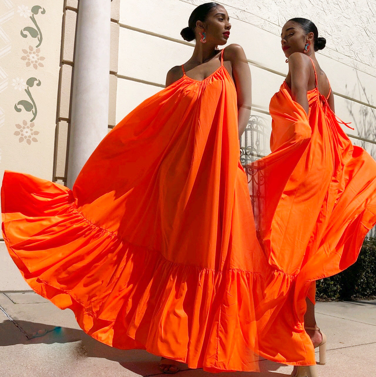 neon maxi dress Ghana Dreaming (Neon Orange) Medium 10-12 Back Design Simple Ivory Satin A-line 4/13/25 Color:Teal/Rust
