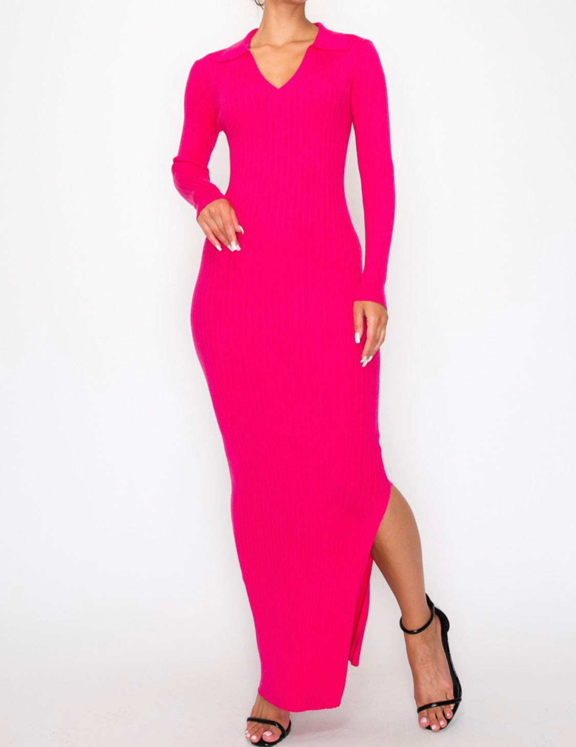 fuchsia knit dress ANDREEVA - Fuchsia Knit Midi Dress with Ostrich Feather Pockets