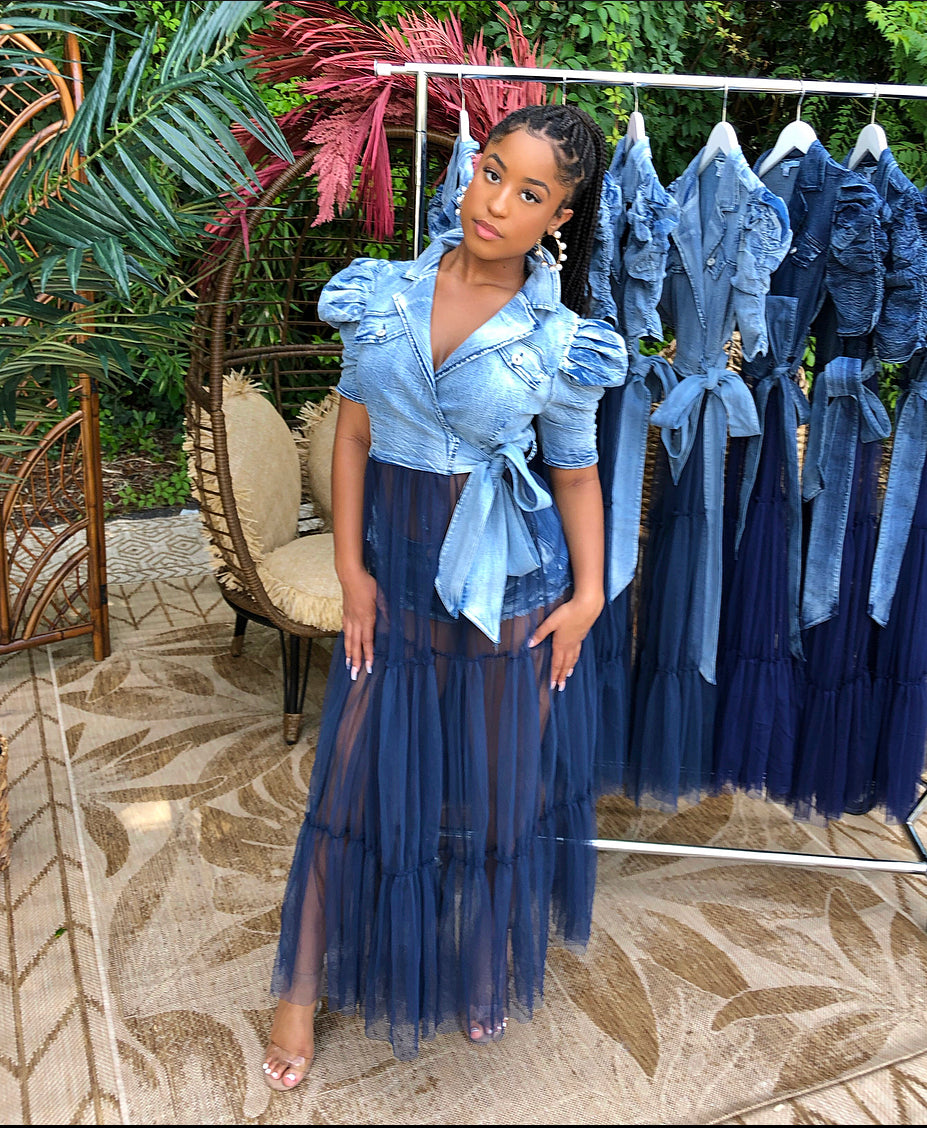 Denim Tulle Wrap Top (Light Wash) Small Fits Up to 5/6 Denim Tulle Wrap Top (Light Wash) Small Fits Up to 5/6