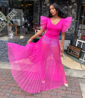 Pleated Mesh Maxi Skirt (HOT PINK)